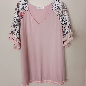 Misslook Pink Boho Tee Top  Womens Large V-neck Floral Fringe Cottagecore